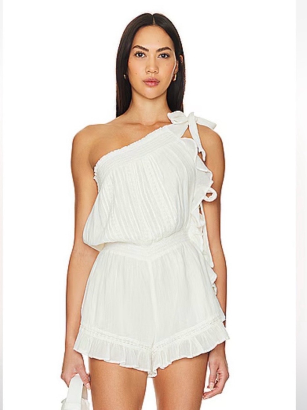 Free People Feelin' Fancy Ivory Smocked One-Shoulder or Off shoulder Romper XS